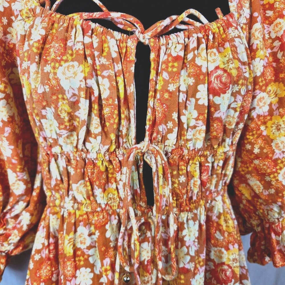 Free People Show Me Love Linen Romper Orange Floral Smocked Dress W Tie Front Sm - Picture 5 of 8